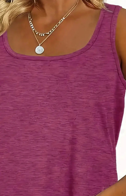 Plus Size Women’s Summer U-Neck Vest Top - Solid Color Elastic Dolphin Hem American Casual Style Shirt