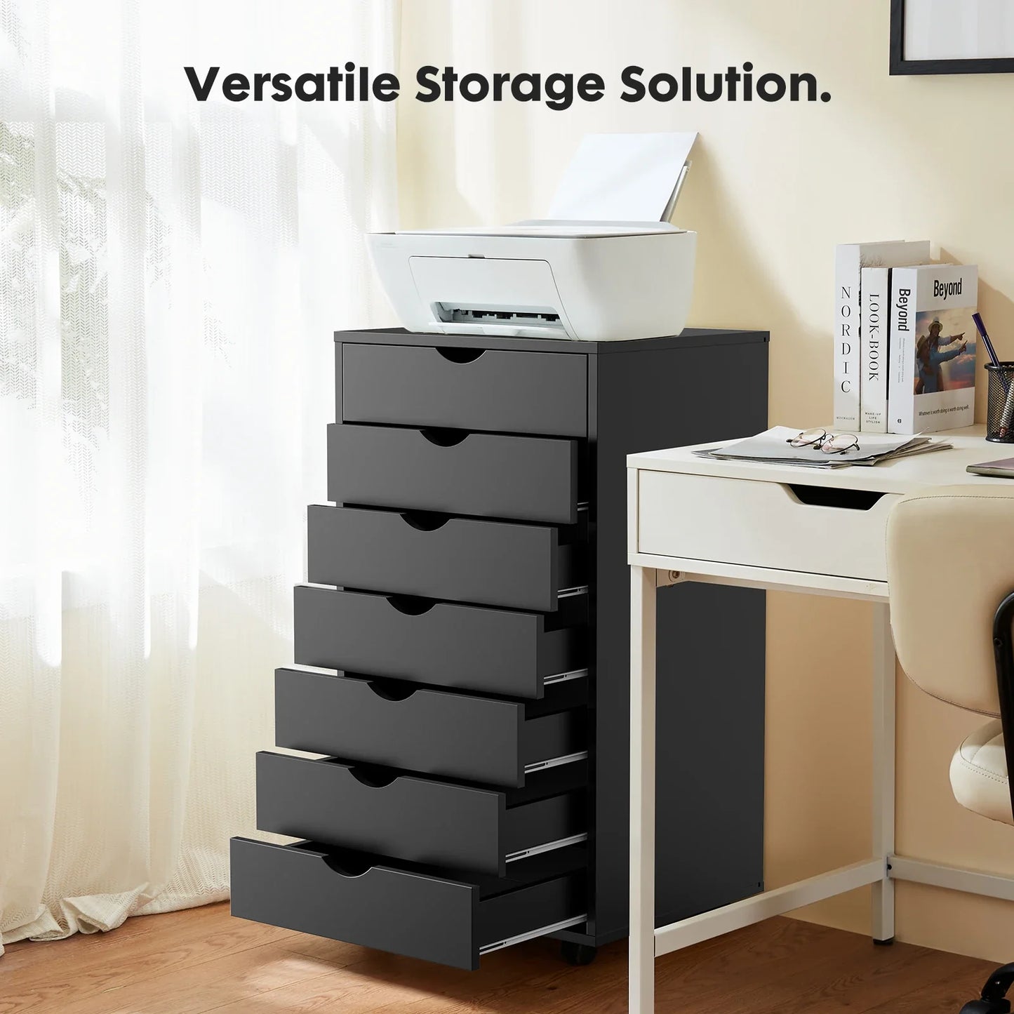 7-Drawer Wooden Chest Dresser – Mobile Nightstand Storage Cabinet with Wheels for Office & Living Room Organizer