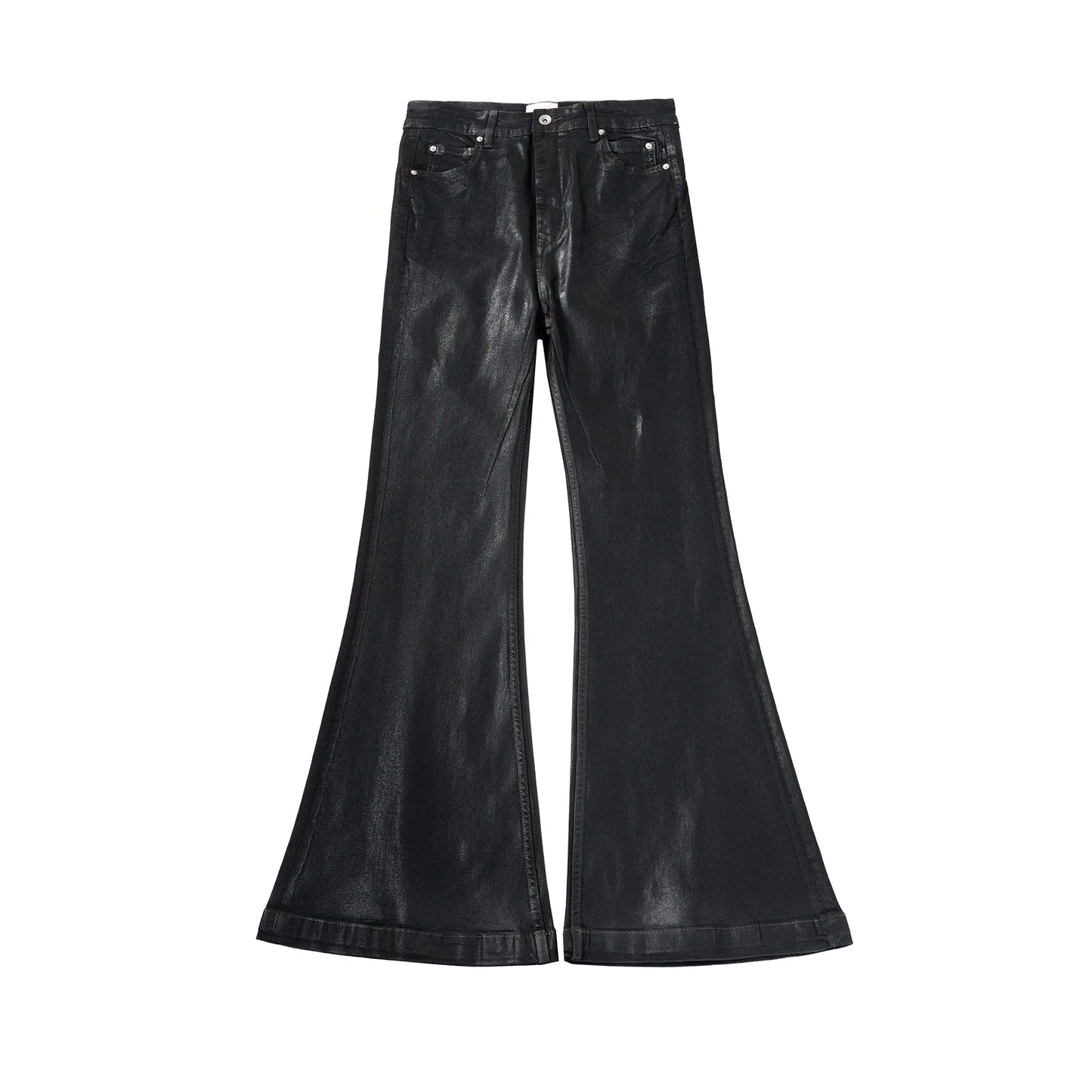 Men’s Streetwear Black Wax Leather Stretch Jeans — Baggy Y2K Flare Oversized Straight Denim Trousers