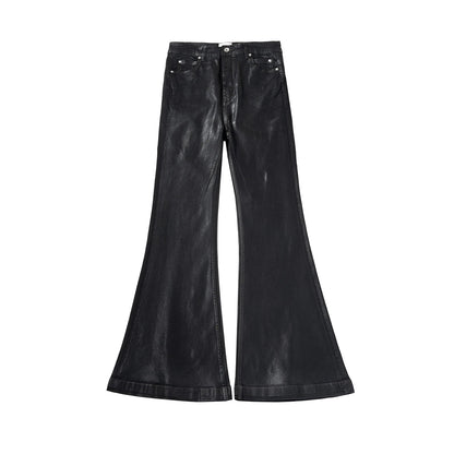 Men’s Streetwear Black Wax Leather Stretch Jeans — Baggy Y2K Flare Oversized Straight Denim Trousers