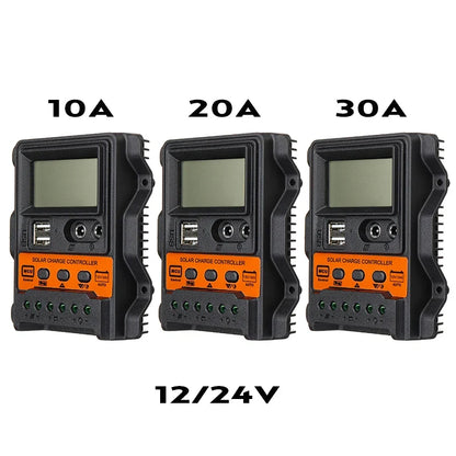 Solar Charge Controller PWM 10A-30A - LCD Display 12V/24V Regulator with Dual USB 5V Output