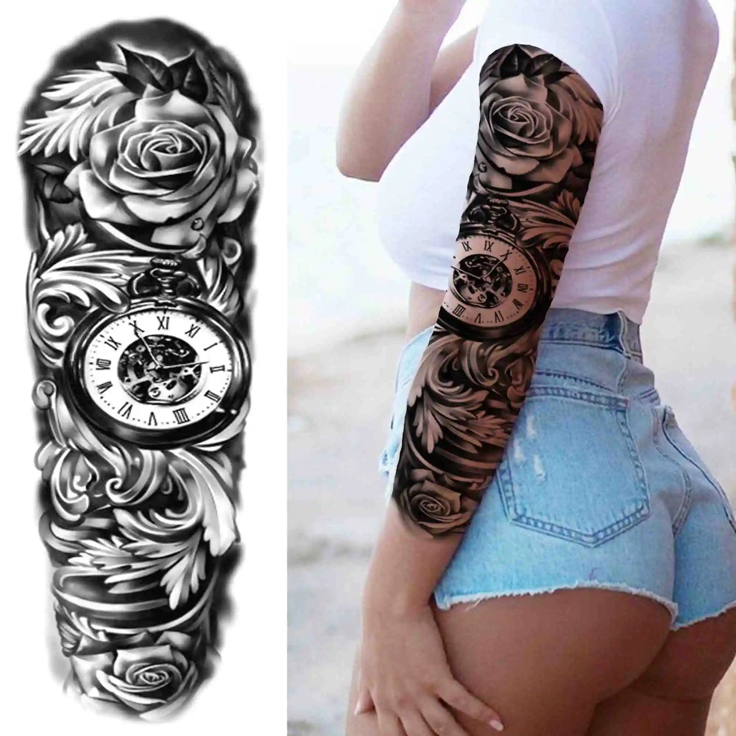 Full Arm Temporary Tattoo Sleeve - Realistic Warrior Lion Tiger Flower & Maori Design Fake Tattoos