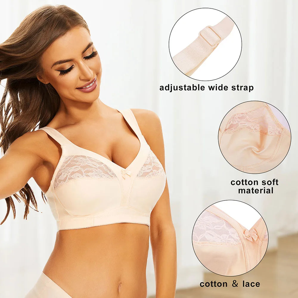 Sheroine Plus Size Wire-Free Bra - Soft Cotton Lace Floral Full Coverage Unpadded Everyday Support