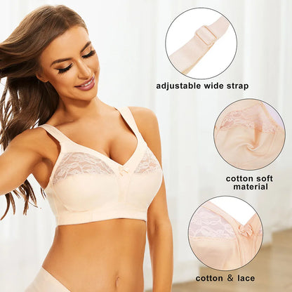 Sheroine Plus Size Wire-Free Bra - Soft Cotton Lace Floral Full Coverage Unpadded Everyday Support