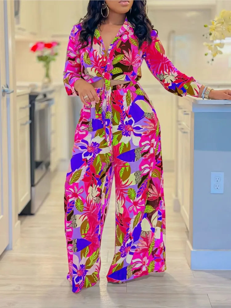 Women’s 2-Piece Spring/Autumn Set – Printed Long Sleeve Lace-Up Shirt & Slim Straight Pants