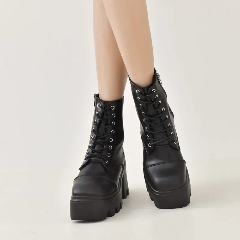 Women’s Plus Size Winter Ankle Boots - Platform Square Heel Lace-Up Shoes with Side Zipper