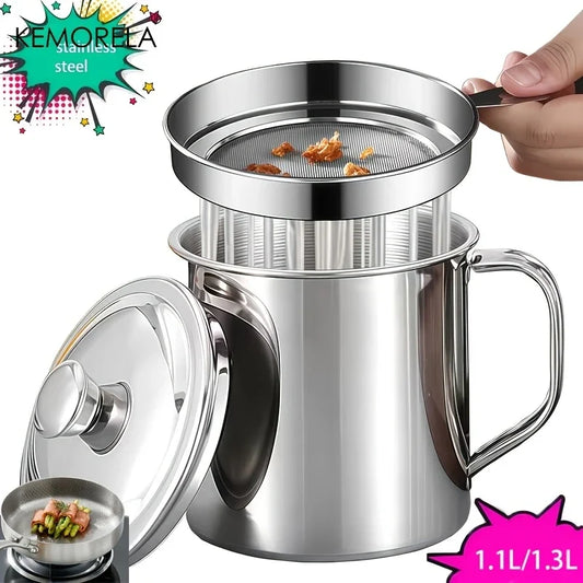 Stainless Steel Oil Filter Pot - 1.1L/1.3L Cooking Oil Strainer Container with Lid & Heat Resistant Fat Separator