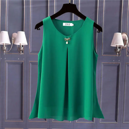 Women's Chiffon V Neck Blouse - Loose Sleeveless Plus Size Fashion Top M-5XL