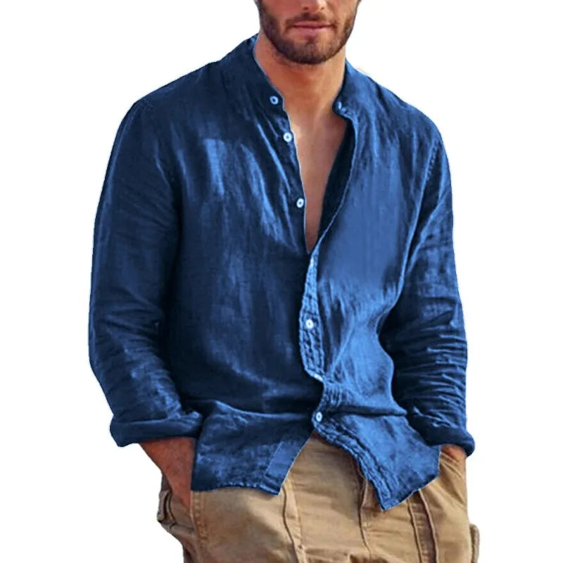 Men's Linen Stand Collar Shirt - Lightweight Breathable Long Sleeve Casual Shirt