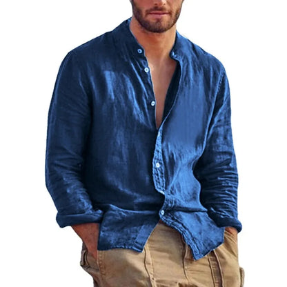 Men's Linen Stand Collar Shirt - Lightweight Breathable Long Sleeve Casual Shirt