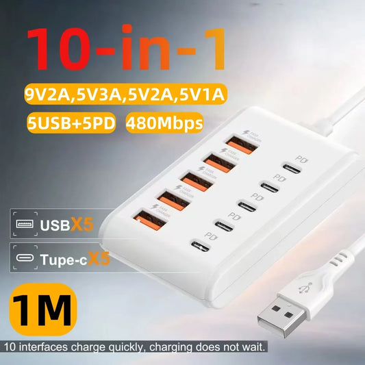 10-Port USB & USB-C Wall Charger - Fast Charging Power Strip with 5 USB, 5 PD Ports, QC3.0 & 1M Cable for iPhone, Samsung & Xiaomi