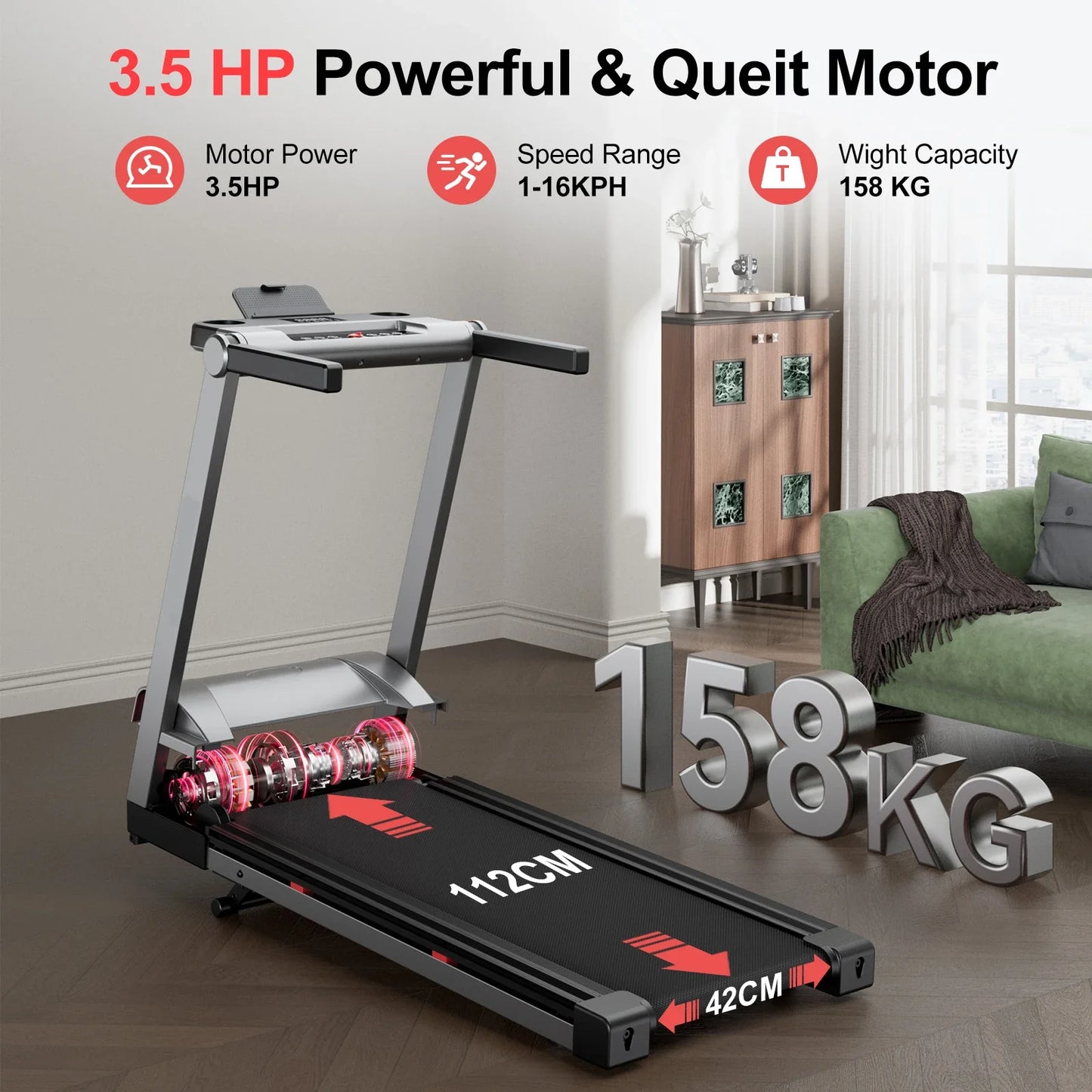 3.5HP Foldable Incline Home Treadmill – Walking Pad with Handlebar, 350LBS Capacity, Touch Screen & Smart App Data Monitoring