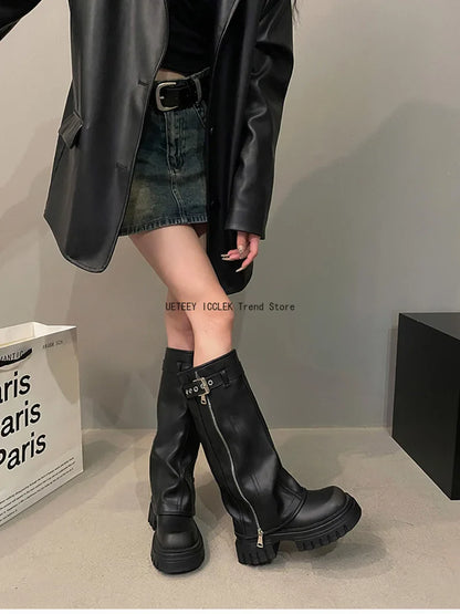Winter Women's Biker Boots – Fashion Belt Buckle Knee-High Platform Booties