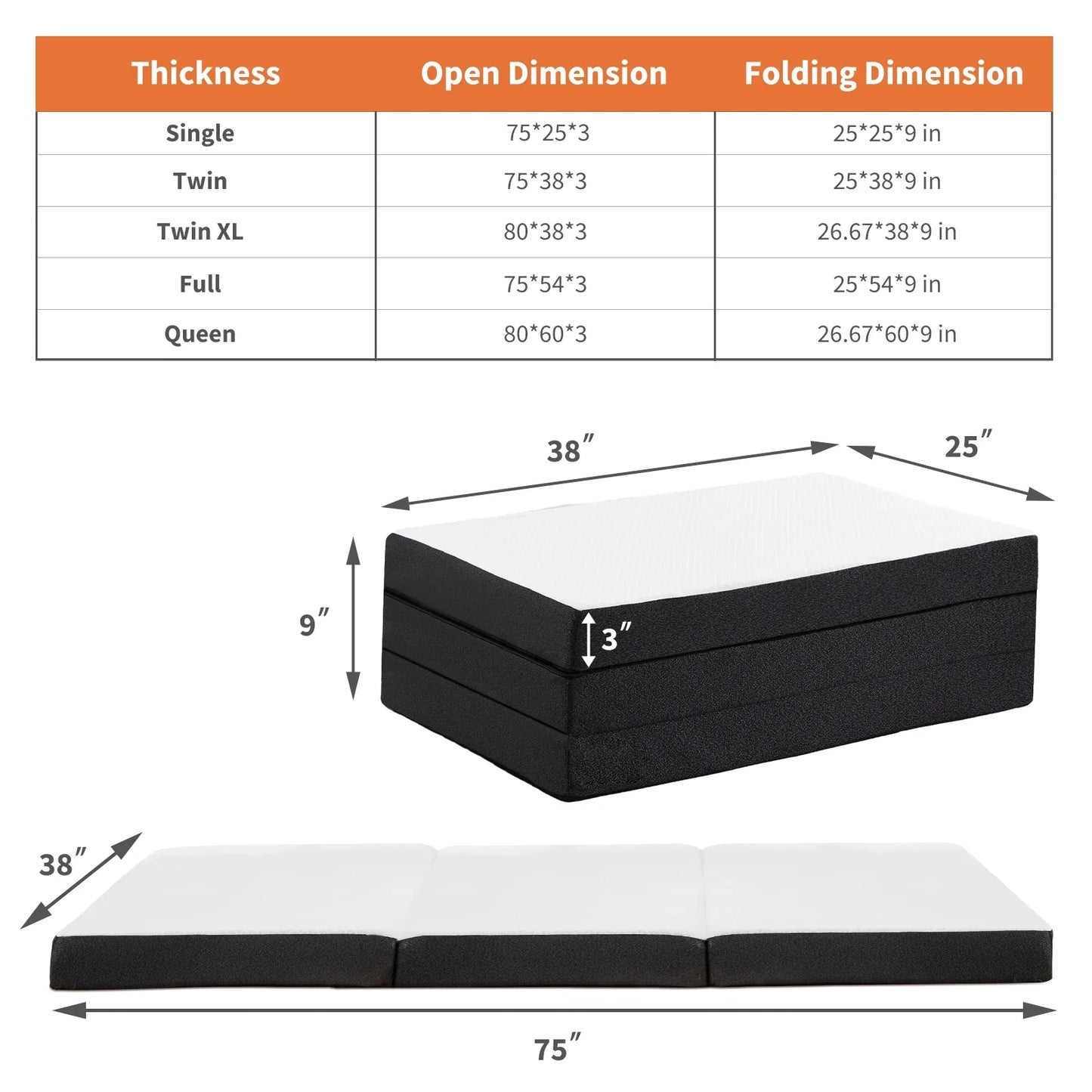 JHK Three-Fold Portable Floor Bed – CertiPUR-US Certified, Soft & Flexible Zipper Mattress for Travel, Camping, and Yoga