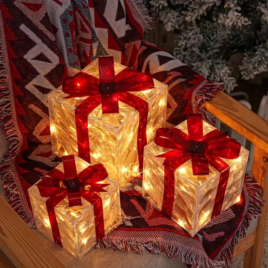 3pcs Lighted Gift Box Decorations - Christmas Tree Skirt Ornaments for Holiday Party Home Decor