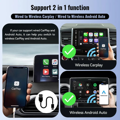 XUDA Mini 2-in-1 AI Box - Wired to Wireless CarPlay with 5G WiFi & Bluetooth 5.0, Android Auto, Plug and Play with Non-Inductive Connection