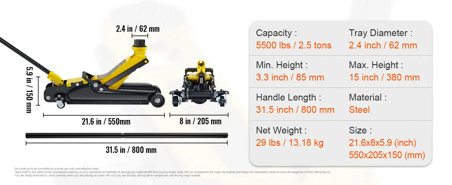 SucceBuy 2.5T Floor Hydraulic Jack – Low Profile Pneumatic Steel Floor Jack with Single Piston Lift Pump