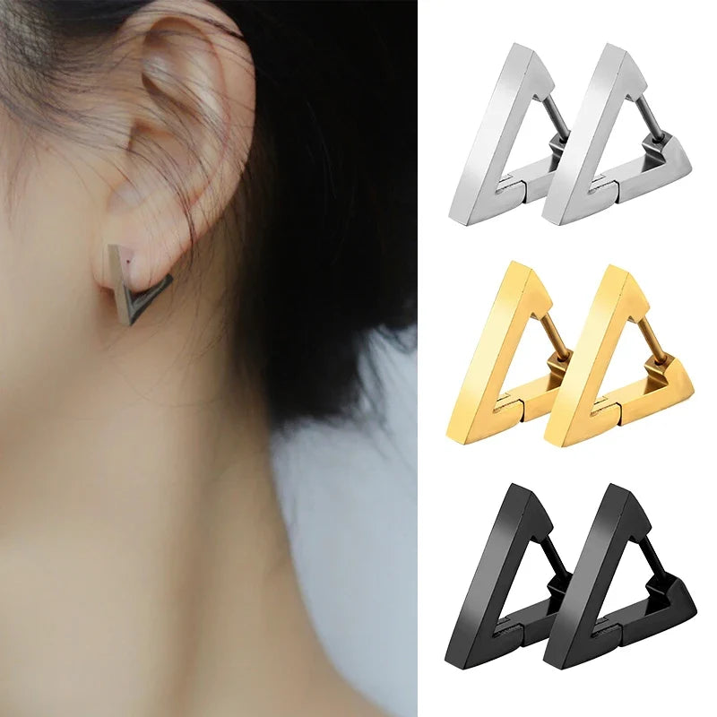 Stainless Steel Triangle Earrings - Unisex Punk Rock Geometric Push-Back Jewelry for Men & Women