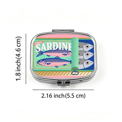 Cute Sardines Metal Pill Case - Portable 2-Compartment Mini Medicine Organizer for Pocket & Purse