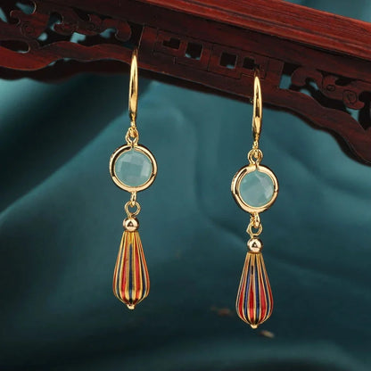 Vintage Flower Drop Earrings - Natural Stone Ethnic Jewelry for Women