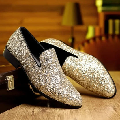 Men’s Luxury Sequin Loafers - Gold & Silver Formal Slip-On Wedding and Party Shoes