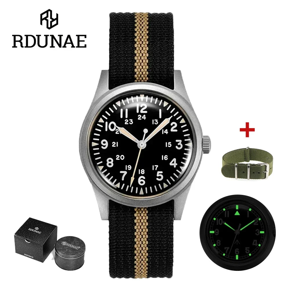 RDUNAE RA03 Military Men’s Watch - 34.5mm Vintage Quartz Wristwatch with Miyota 2035 Movement & Stainless Steel Case