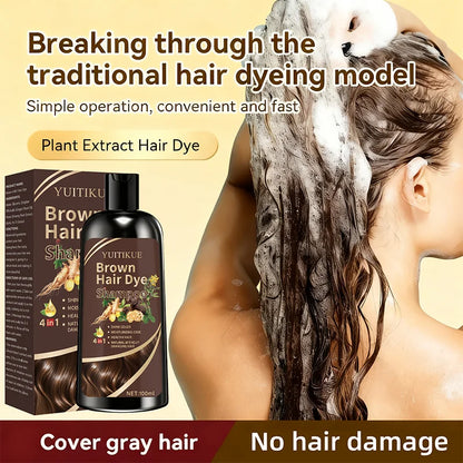 YUITIKUE Brown Hair Dye Shampoo - 4-in-1 Ginger Formula for Hair Coloring Moisture and Nourishing Care