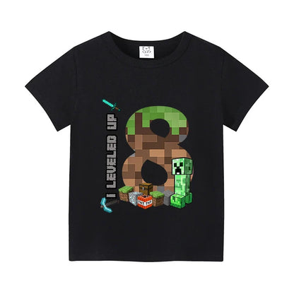 Miner Crafting Birthday Number T-Shirt – Cartoon Summer Short Sleeve Tops for Boys Party Gift