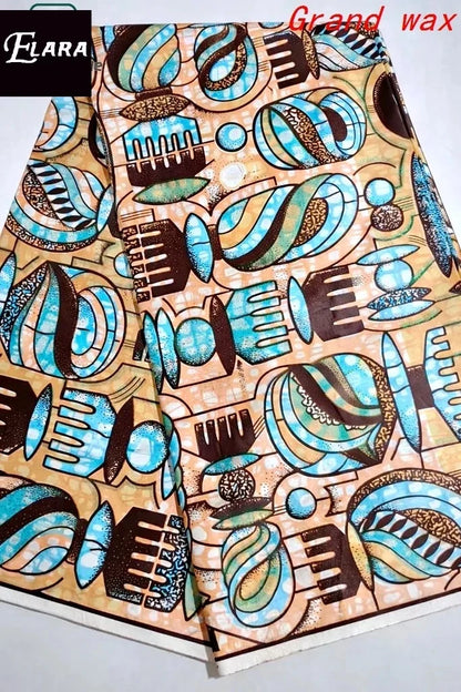 African Real Wax Print Fabric - Grand Original Ankara Blue Cotton Wax Material 6 Yards for Stylish Dresses & Uniforms