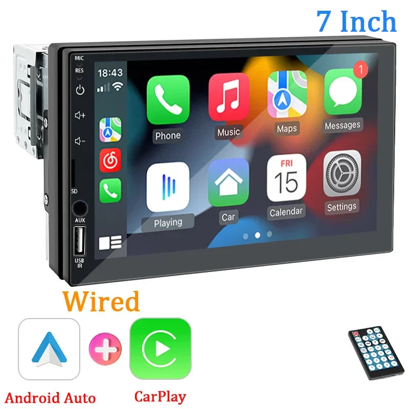 1DIN 7" HD Car Radio – CarPlay Android Auto Multimedia Player with Touchscreen, FM, AUX, Bluetooth & MirrorLink Universal Autoradio