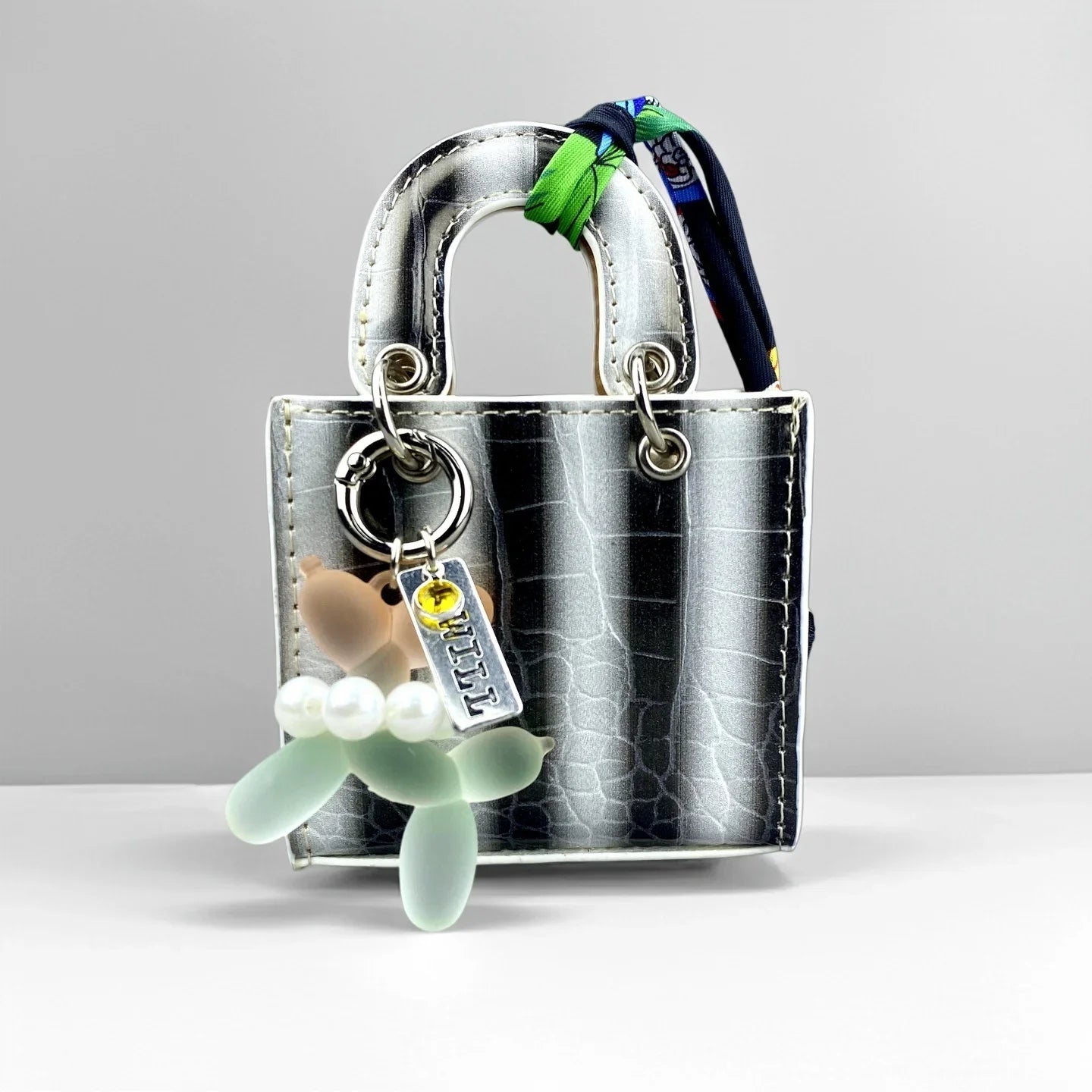 Mini PU Leather Rainbow Bag Charm - Gradient Balloon Dog Keychain Holder for Earbuds, Charger Cable & Gifts