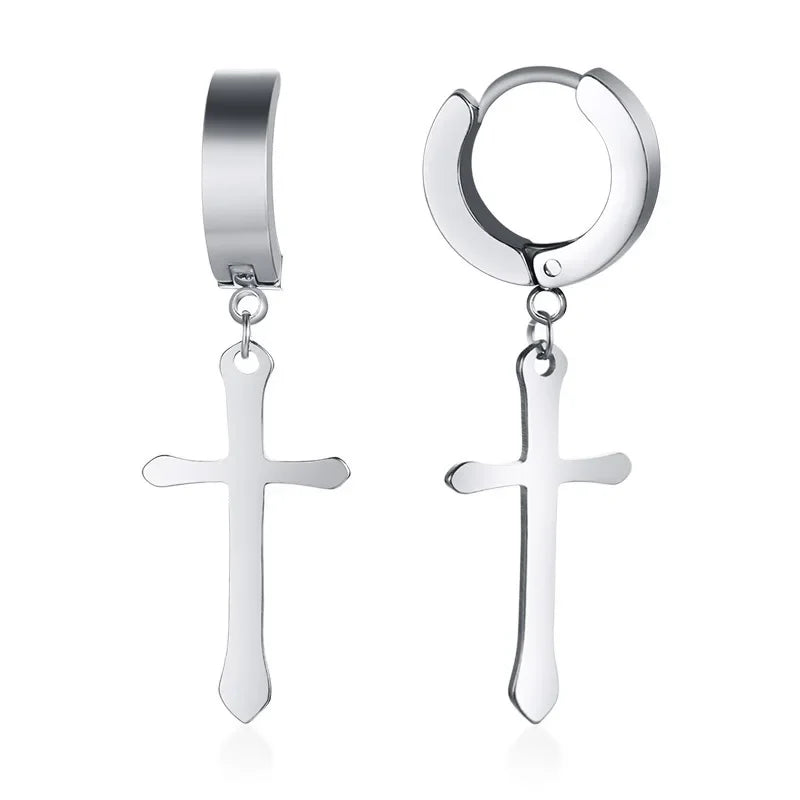 Stainless Steel Cross Charm Earrings - Men's Fashion Jewelry