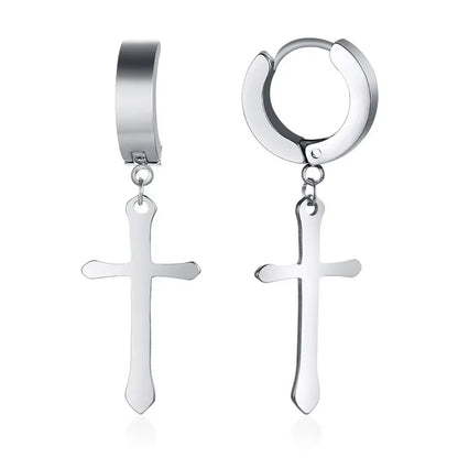 Stainless Steel Cross Charm Earrings - Men's Fashion Jewelry
