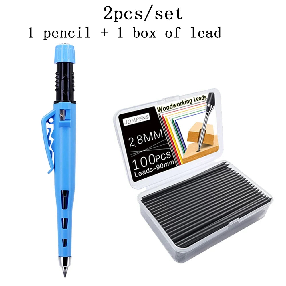 2Pcs Carpenter Mechanical Pencil Set - 54mm Long Reach Woodworking Marking Tool with Lead Box