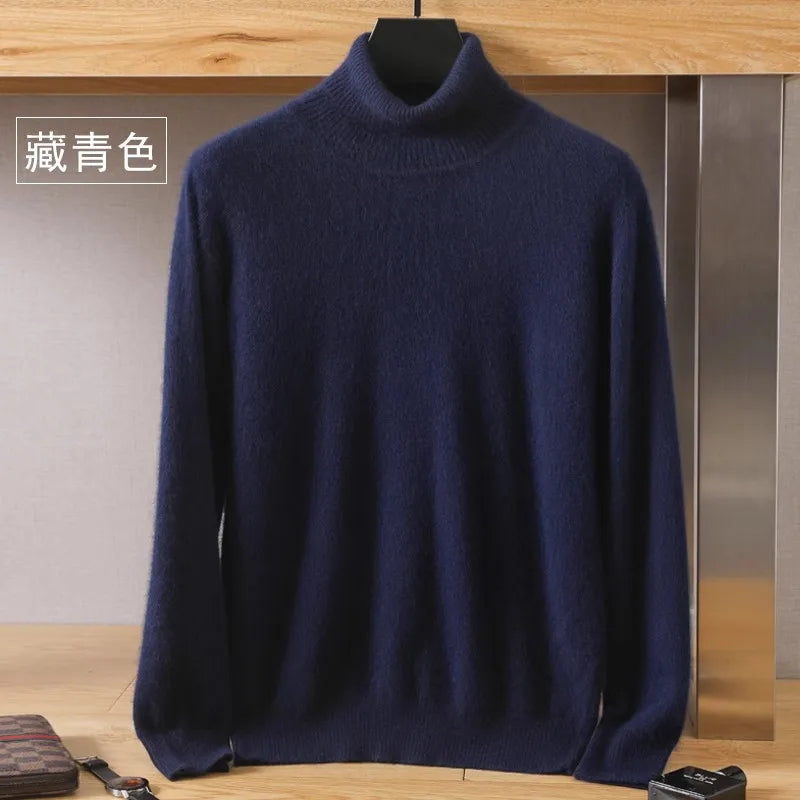 Men's Pure Mink Velvet Cashmere Sweater - High Lapel Long Sleeve Knitted Winter Luxury Pullover Top
