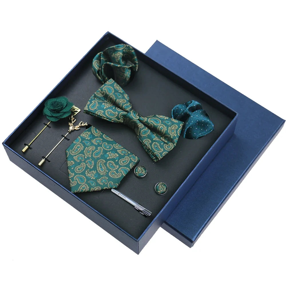 Men’s Luxury Silk Tie Set - 8cm Wedding Necktie with Bowtie, Pocket Square, Cufflinks & Floral Gift Box Accessories