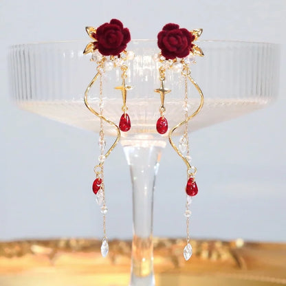 French Red Rose Tassel Earrings - Elegant Flower Zircon Dangle Jewelry for Bridal Weddings & Parties