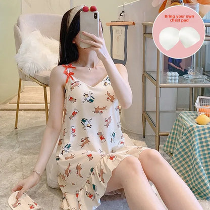 Women’s Cartoon Animal Pajama Set - Cute Loose Sling Nightgown with Bra Pad & Free Eye Mask for Sleepwear