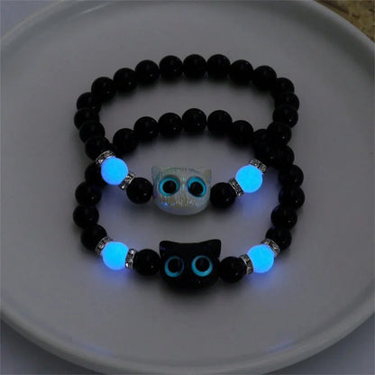 Luminous Cat Matching Bracelets for Couples | Glow-in-the-Dark Black & White Friendship Bangles | Cute Gift for Him & Her