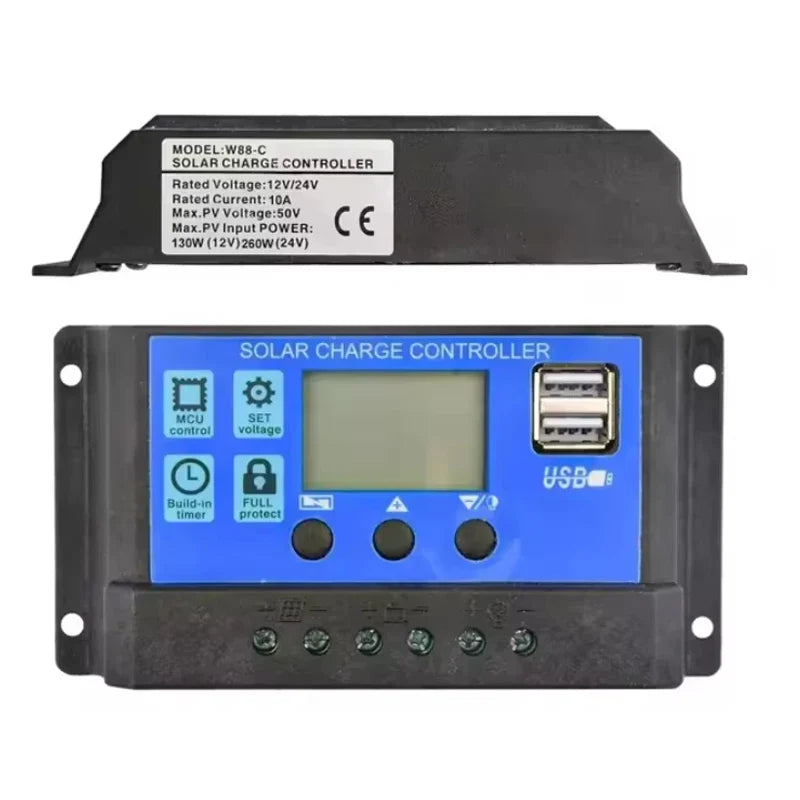 Solar Charge Controller - 12V/24V PV Regulator with LCD Display Dual USB 5V Output Load Discharge for Solar Panels
