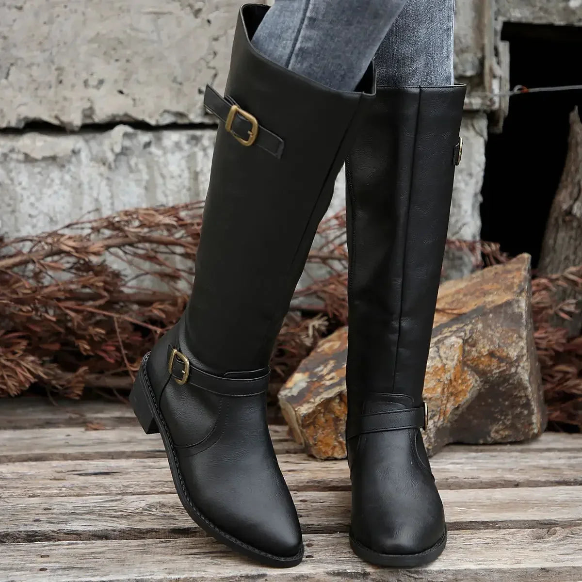 Women’s Winter High-Top Knight Boots – Side Zipper & Belt Buckle, Pointed Toe, PU Material with Cotton Lining