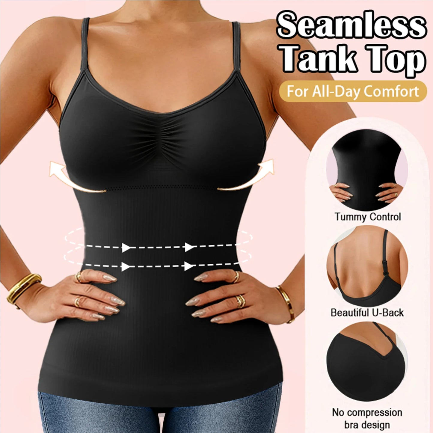 Women’s Tummy Control Shapewear Cami - Built-In Bra Slimming Tank Top Body Shaper Vest