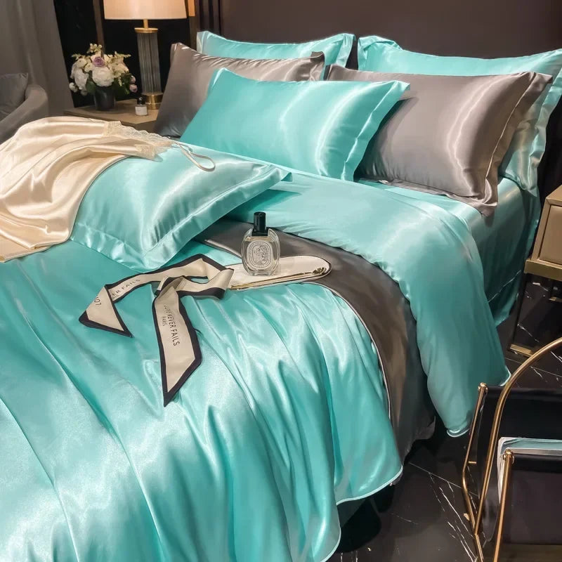 Solid Silk Bedding Set - Luxury Duvet Cover Bed Sheet Pillowcase Set For King Single Double Couple Beds