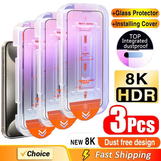 3Pcs Oleophobic Tempered Glass Screen Protector - Dust-Free Easy Installation Protective Film for iPhone 16 15 14 13 12 11 Pro Max Mini XR Plus
