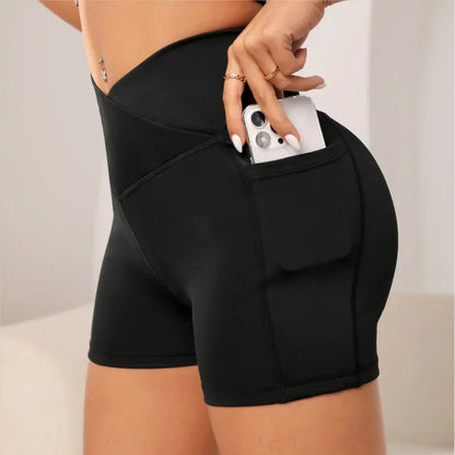 Women High Waist Yoga Biker Shorts - Cross Waist Fitness Shorts with Pocket for Workout & Activewear