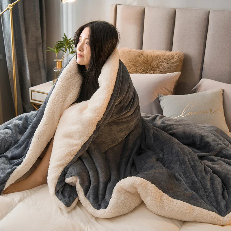 Wool Throw Blanket – Double-Sided Warm Winter Bedspread for Queen Beds & Camping