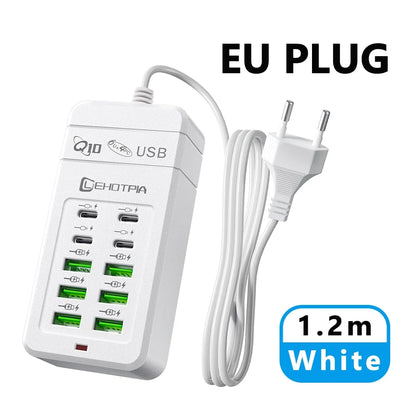 10-Port USB Fast Charger Adapter - EU UK US Plug Power Station with 6 USB-A & 4 USB-C Ports Extension Cord