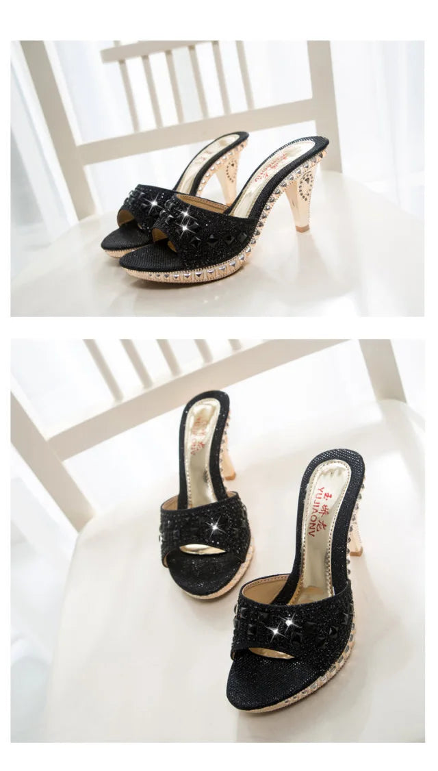 Women’s Summer Rhinestone High Heel Sandals – Sexy Gold & Silver Heeled Shoes