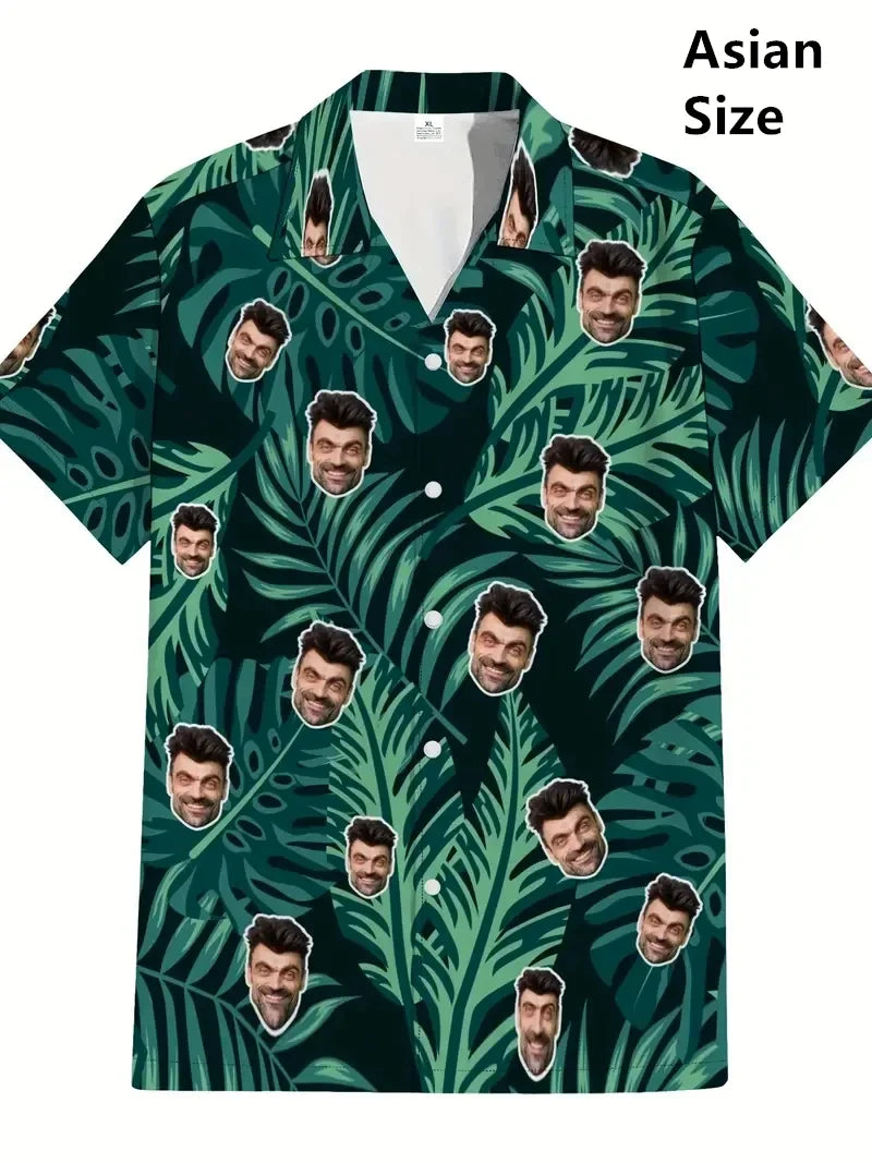 Men’s Custom Face Print Hawaiian Shirt - 3D Beer Design Vintage Y2K Short Sleeve Beach Top