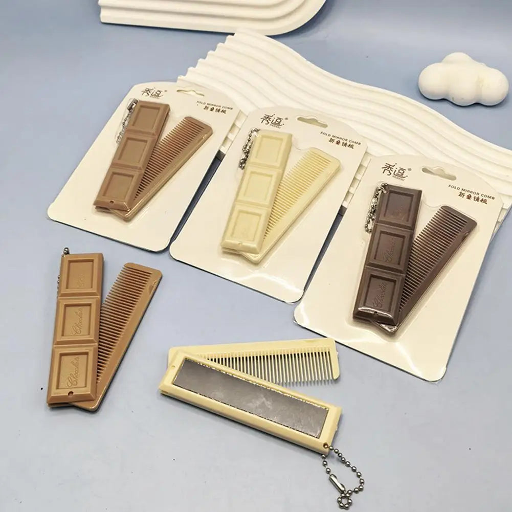 2-in-1 Chocolate Folding Comb with Mirror - Portable Massage Hair Brush for Travel Salon Styling & Smooth Hair Care